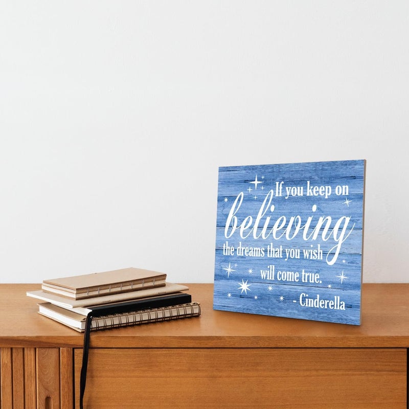 SUSZDOU Nursery Decor, Inspirational Sign, Wood Plaque Table Art Sign 6.2*6.2inch, Princess Shelf Decor, Bedroom Decorate for Baby Girl, Cute Decorate, If You Keep On Believing The Dreams You Wish Will Come True D - Image 4